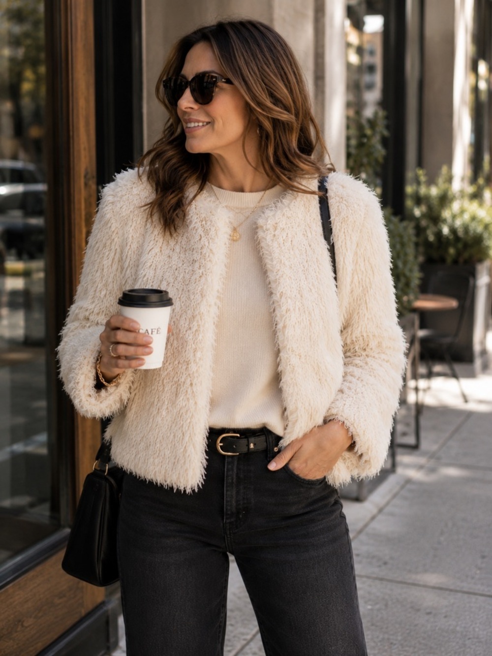 CAbi #3024 Cream Faux Fur Jacket Cozy Plush Teddy Coat Women’s Size M